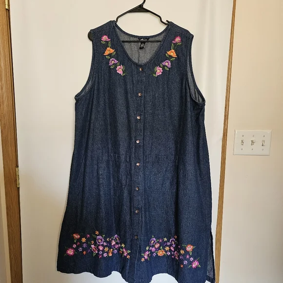Ava & Viv Dresses | Argee Embroidered Denim Dress with Floral Accents 2X Button Down | Color: Blue | Size: 2X | New2youtwo's Closet